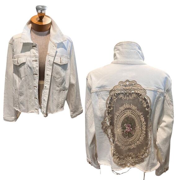 Upcycled Denim Jacket Embroidered Lace Open back beige Size XL/XXL Floral - Picture 1 of 9
